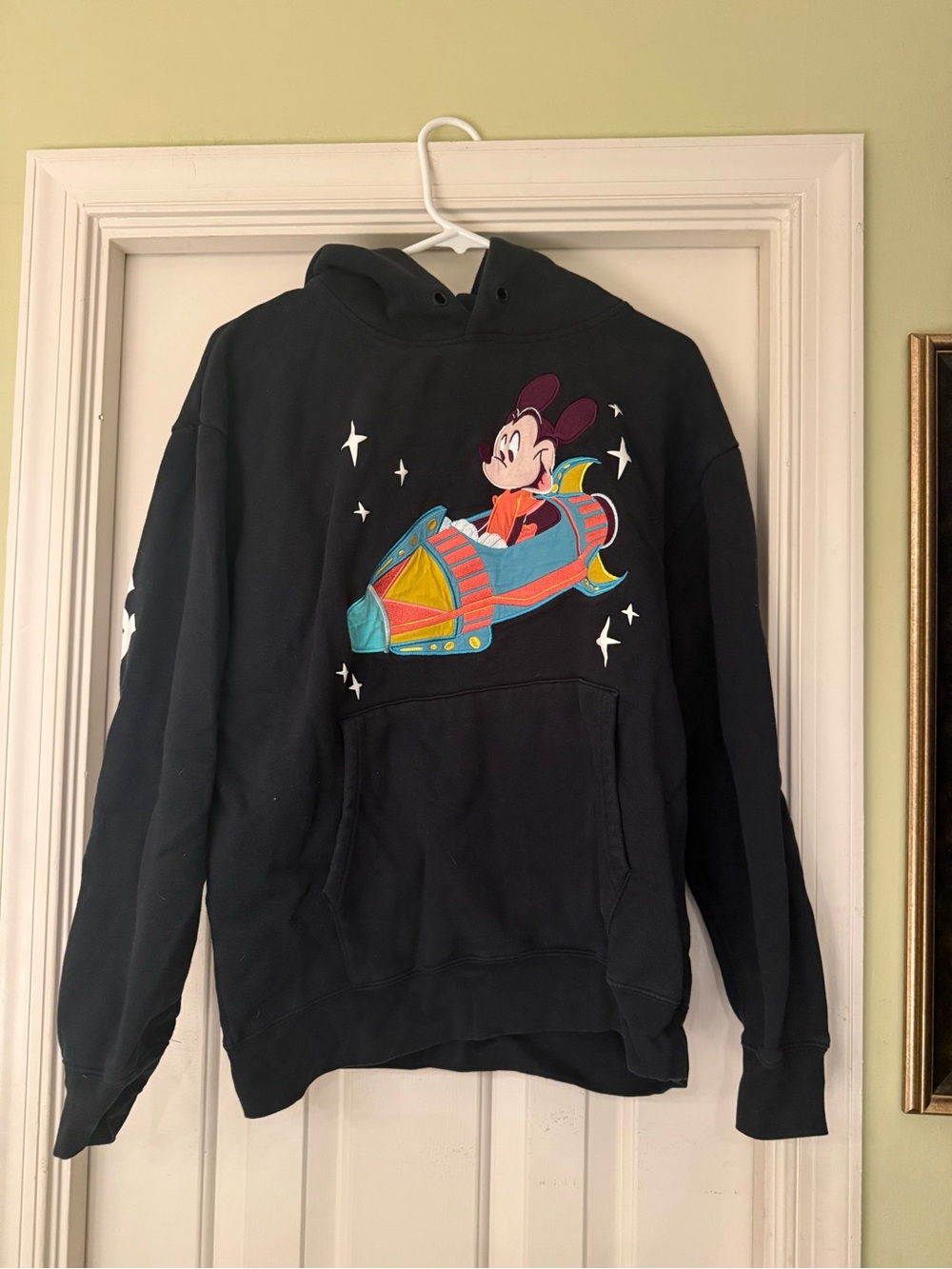 Walt Disney World Mickey Mouse Space Rocket Embroidered Black Hoodie Size M